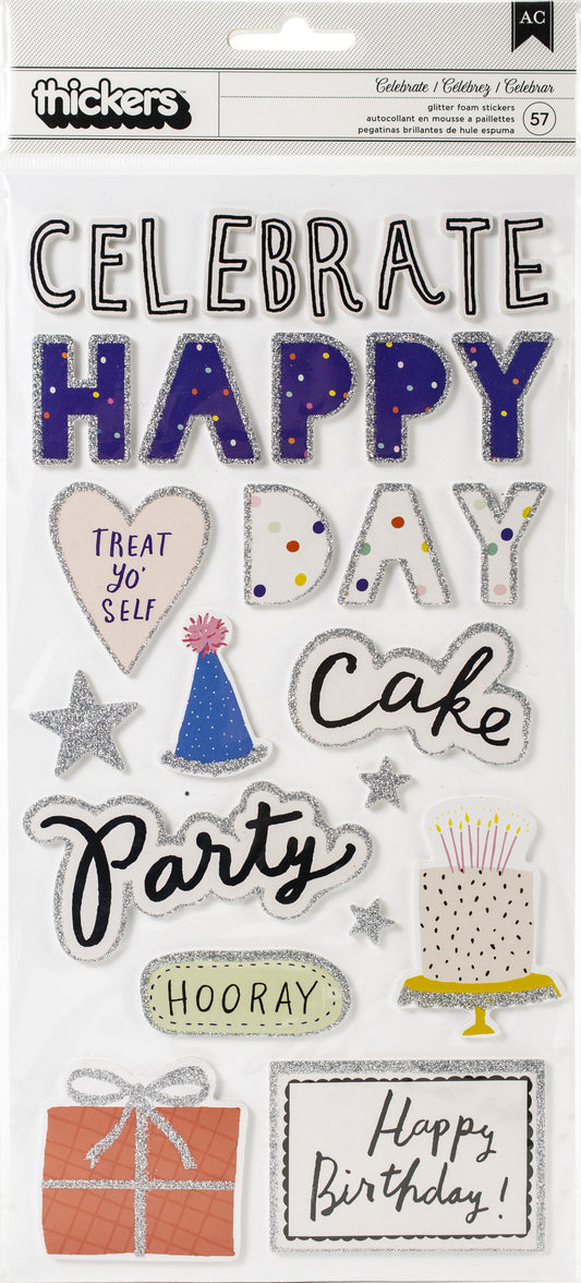 Decorative birthday-themed stickers with text and graphics on a white background.