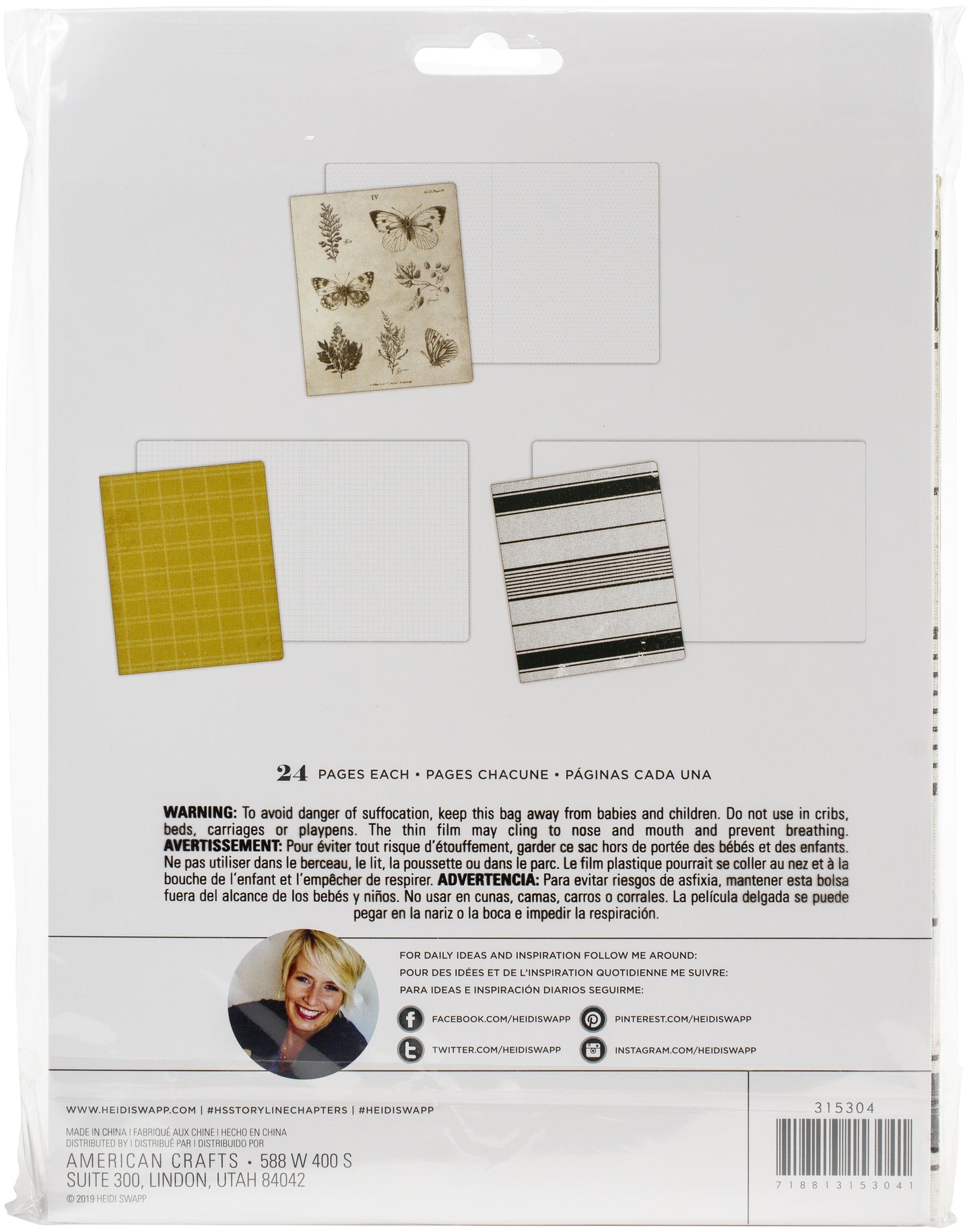 Package of American Crafts Heidi Swapp journals with printed pages and a warning label on a white background