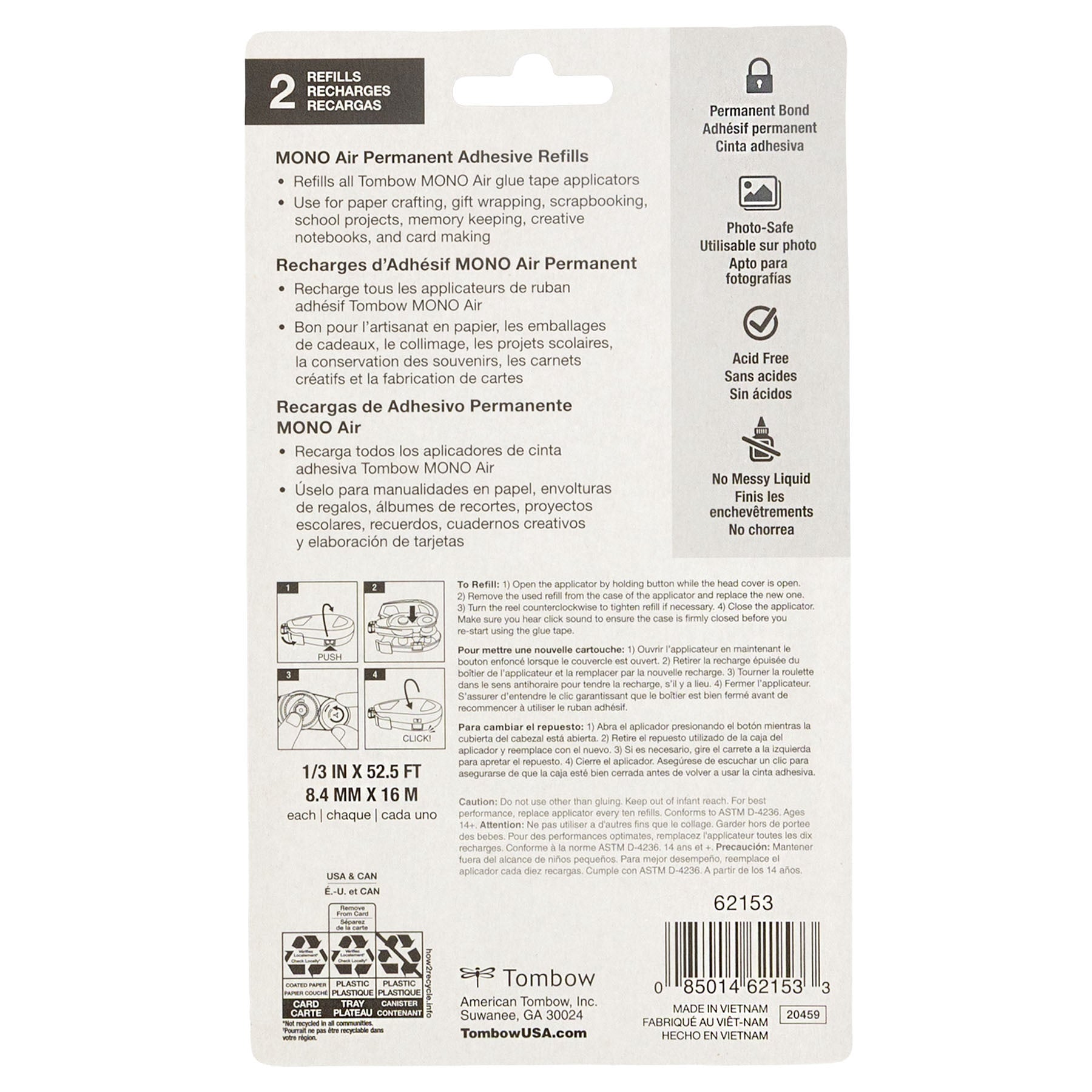 Back of a Tombow MONO Air Adhesive Refill packaging with text and branding.