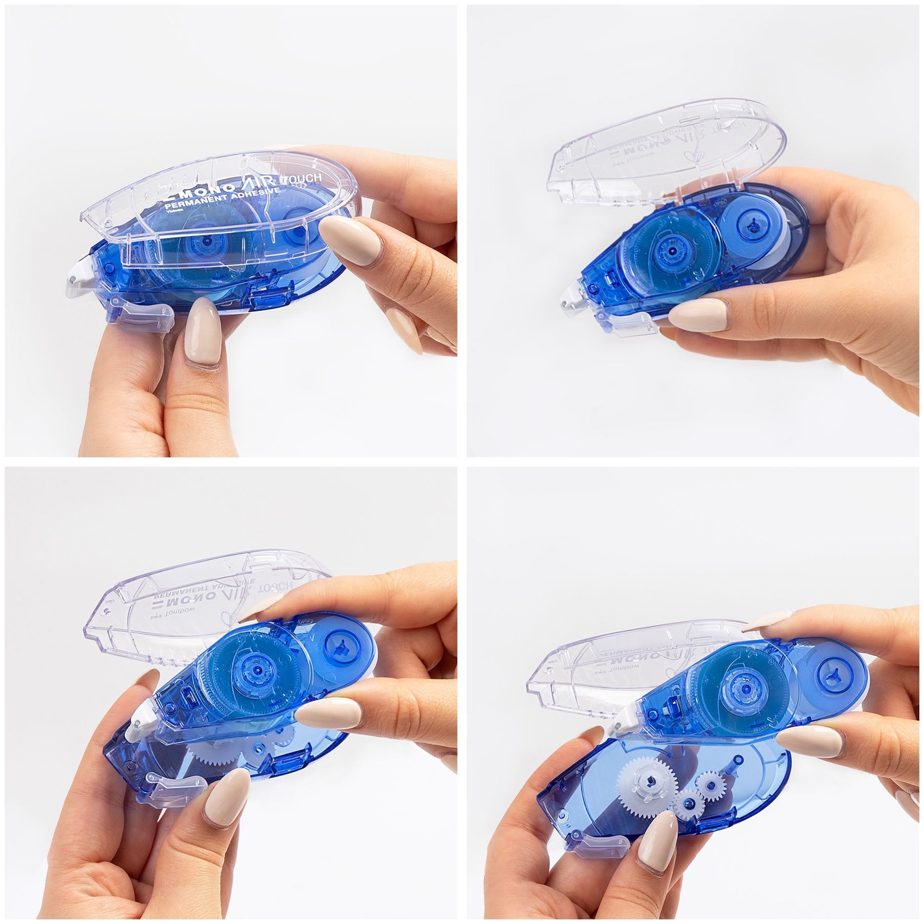 Four views of a blue MonoAir adhesive refill held by a hand against a white background