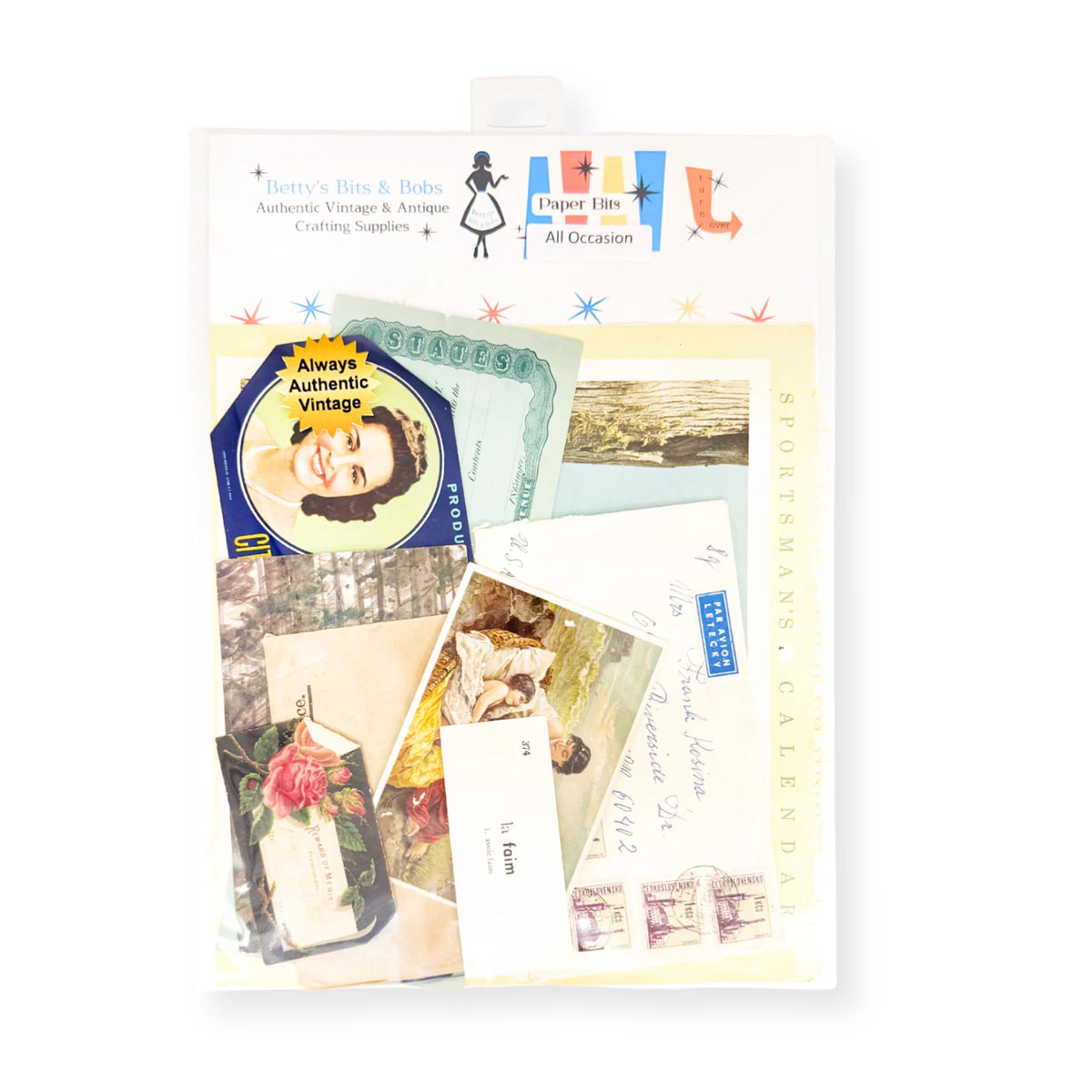 A clear plastic bag containing a vintage-themed collage of assorted paper ephemera, including postcards, letters, and stickers, with the brand name 'Betty's Bits & Bobs printed at the top.