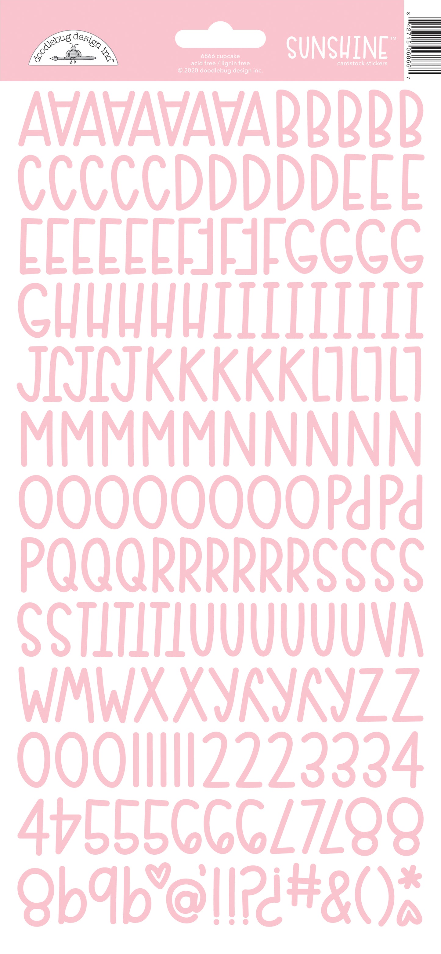 Pink letter and number stickers on a white background with a 'Sunshine' label.