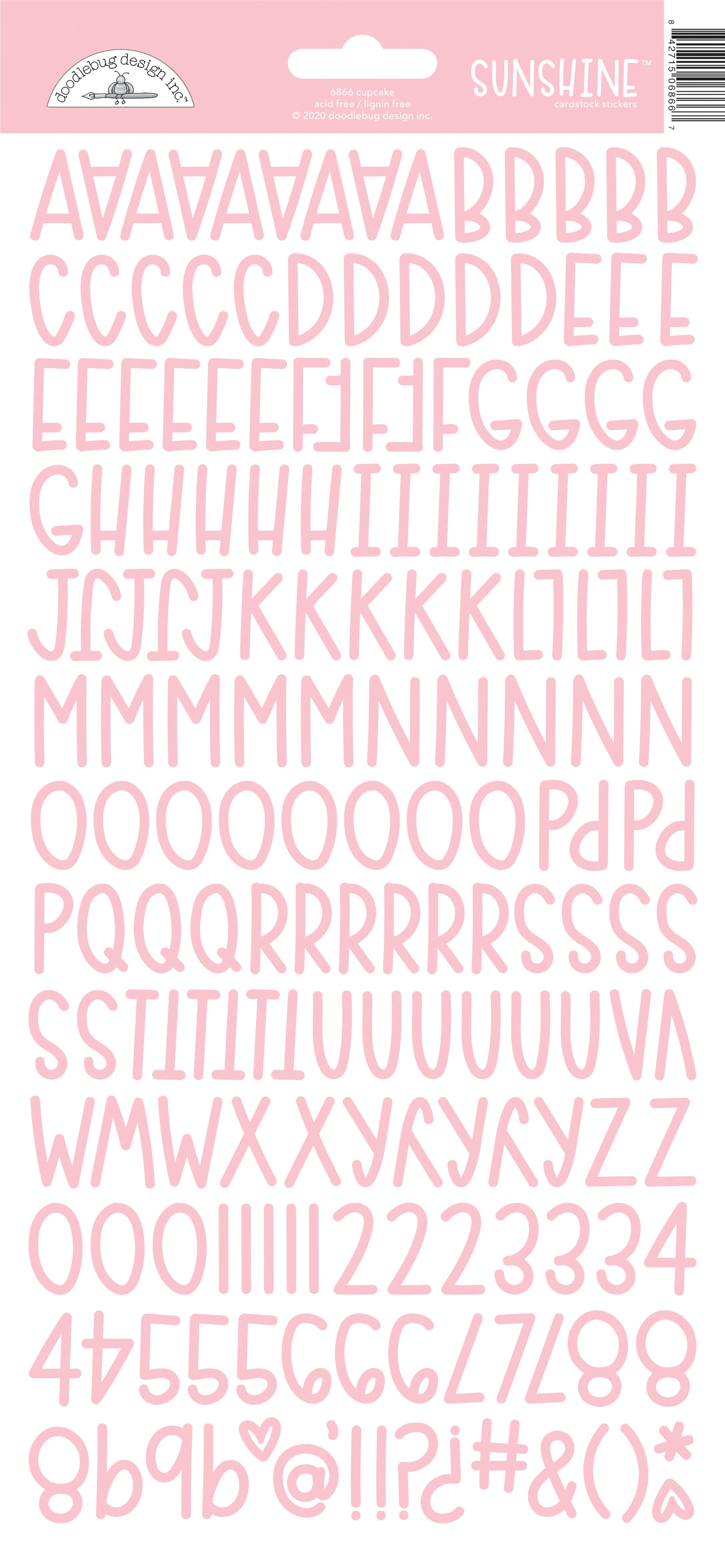 Pink letter and number stickers on a white background with a 'Sunshine' label.