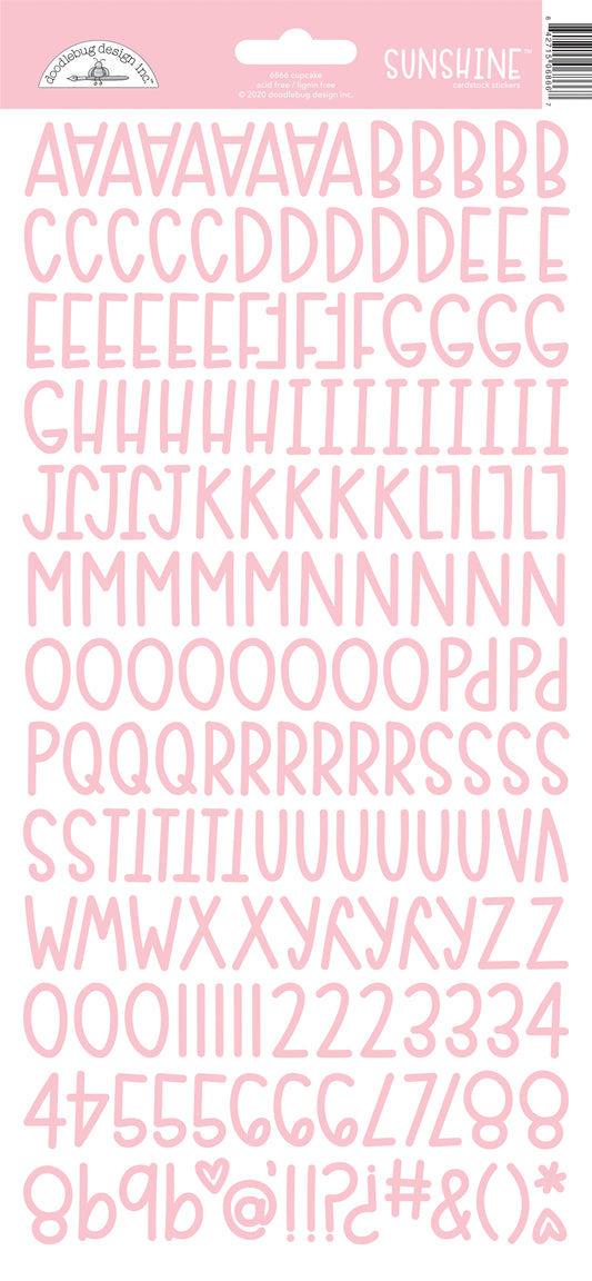 Pink letter and number stickers on a white background with a 'Sunshine' label.
