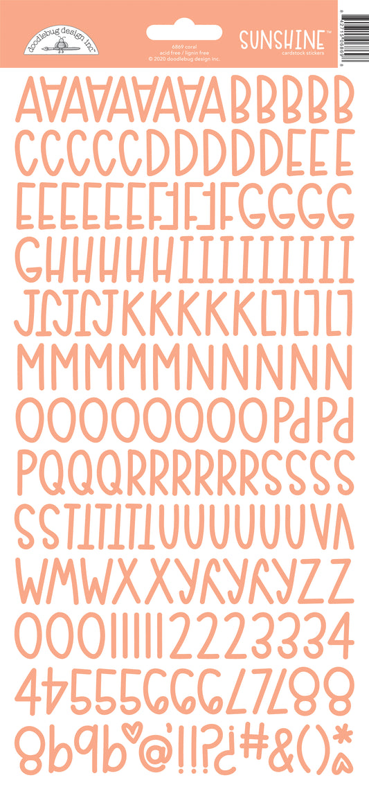 Set of cardstock coral letter  and number stickers on a white background 
