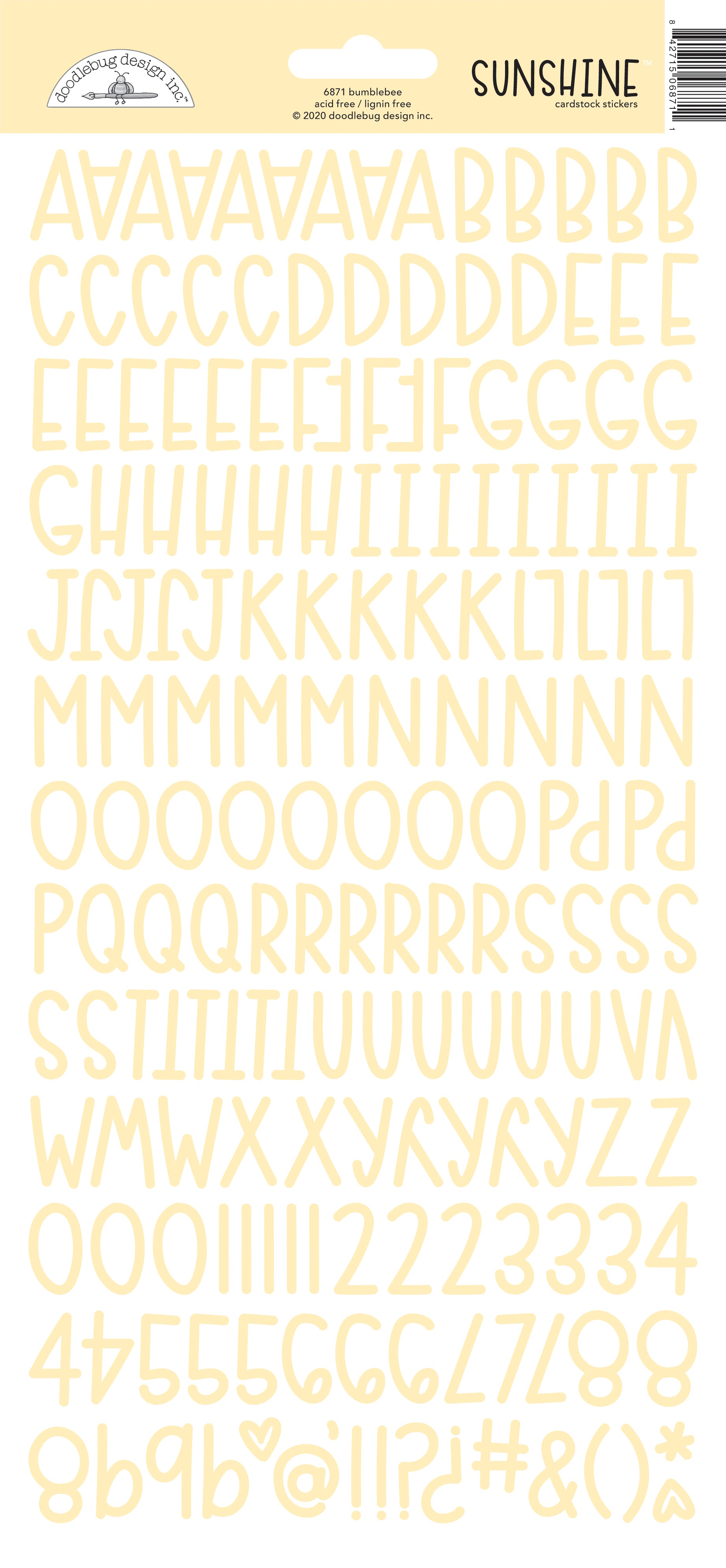 Yellow letter and number stickers on a white background