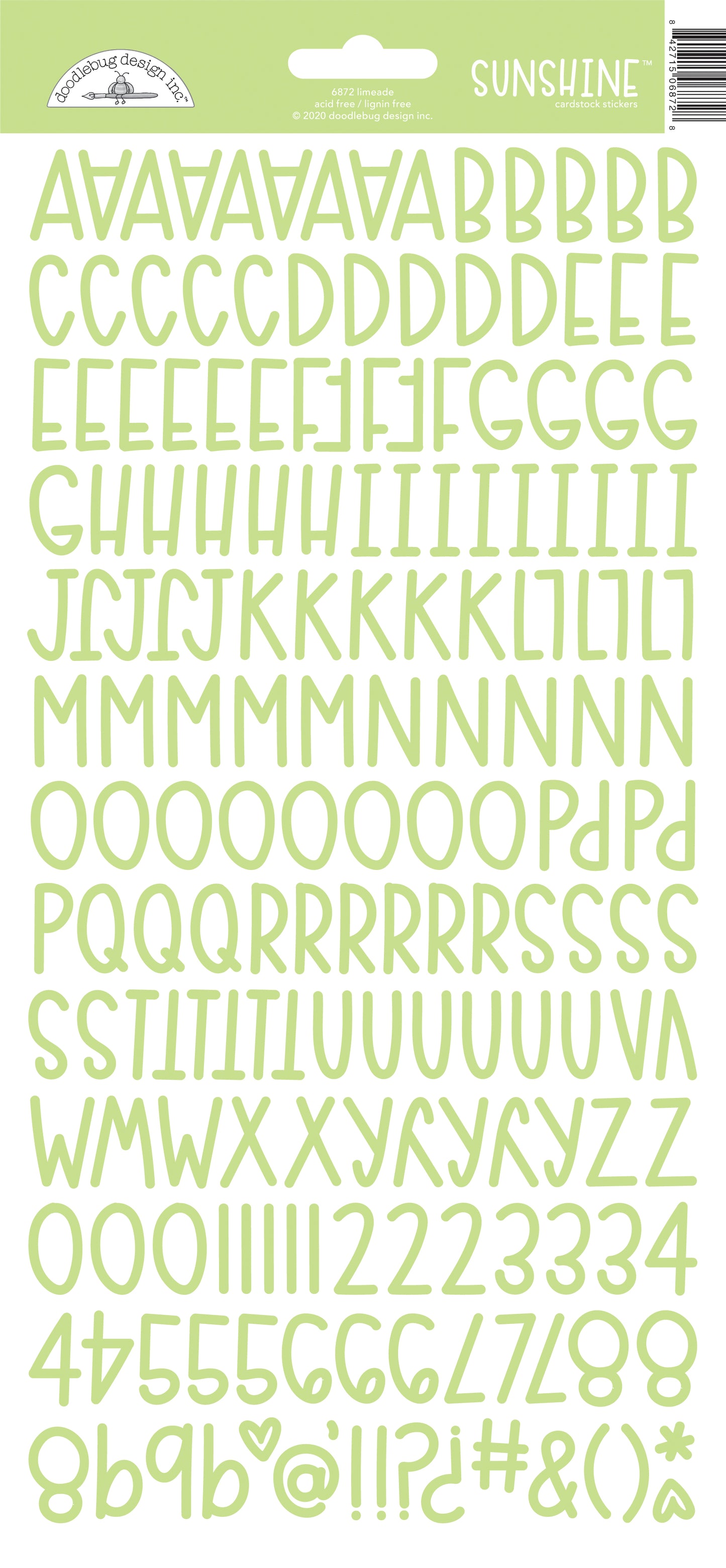 Packaged alphabet and number stickers with a light green color on a white background