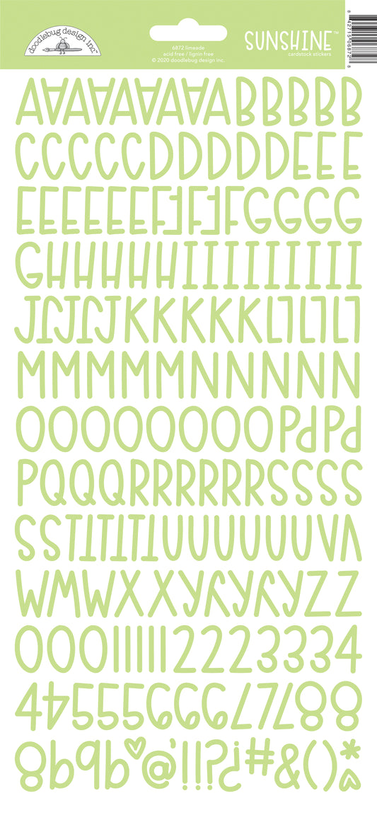 Packaged alphabet and number stickers with a light green color on a white background