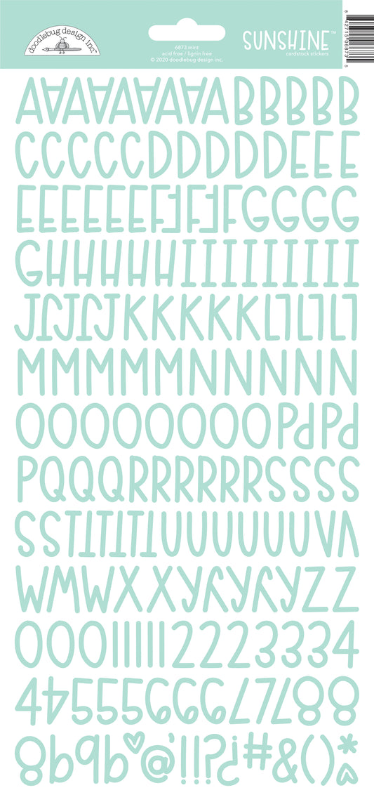Mint green alphabet and number stickers on a white background
