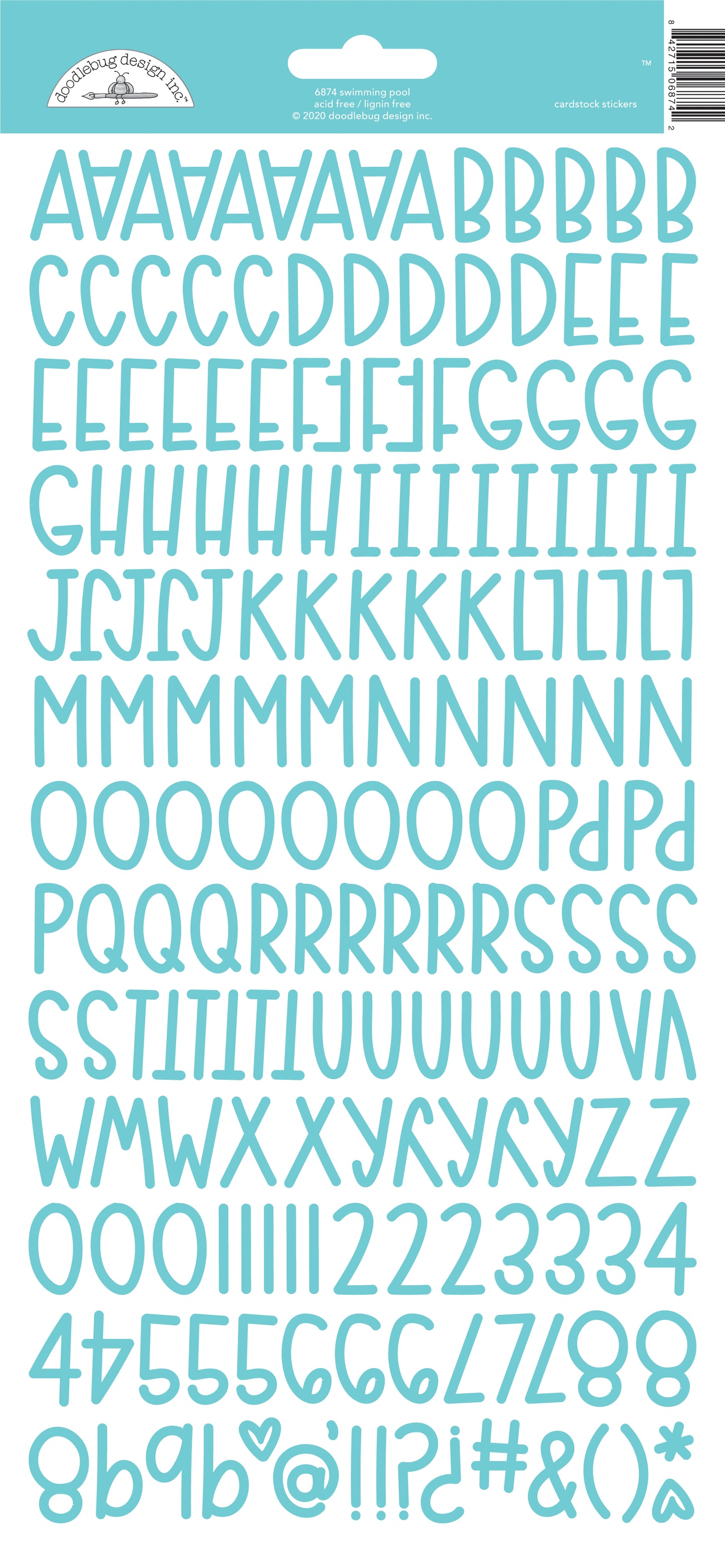 Sheet of light blue letter and number stickers on a white background