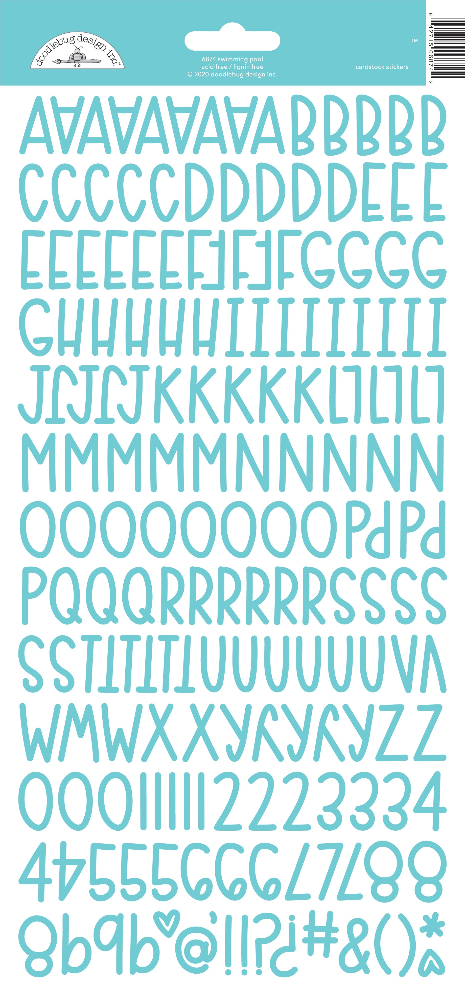 Sheet of light blue letter and number stickers on a white background