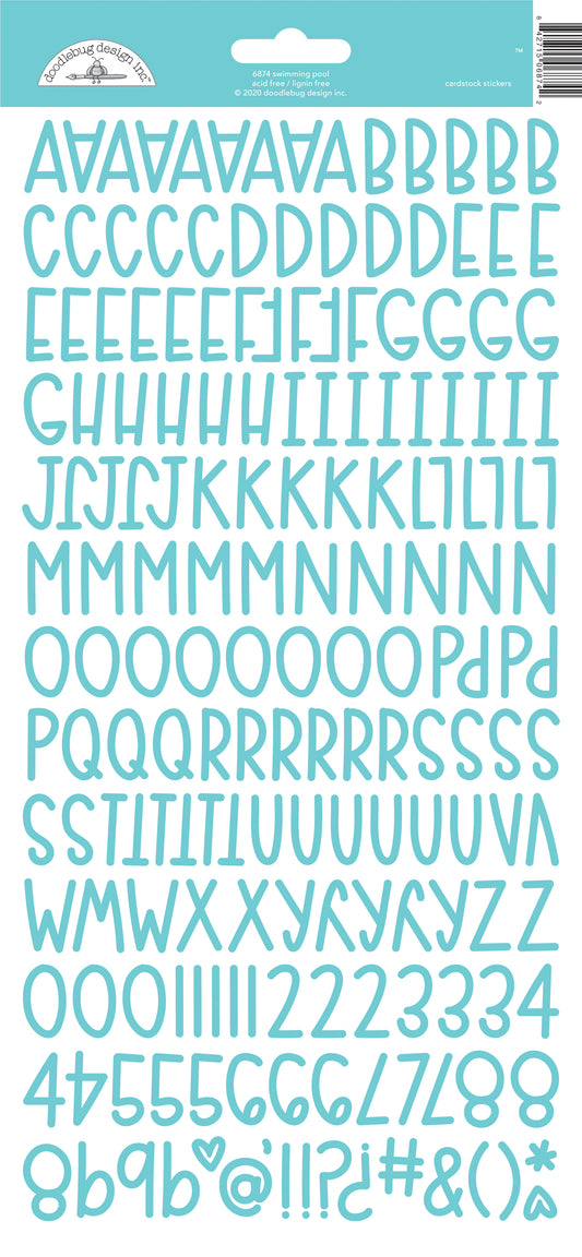 Sheet of light blue letter and number stickers on a white background
