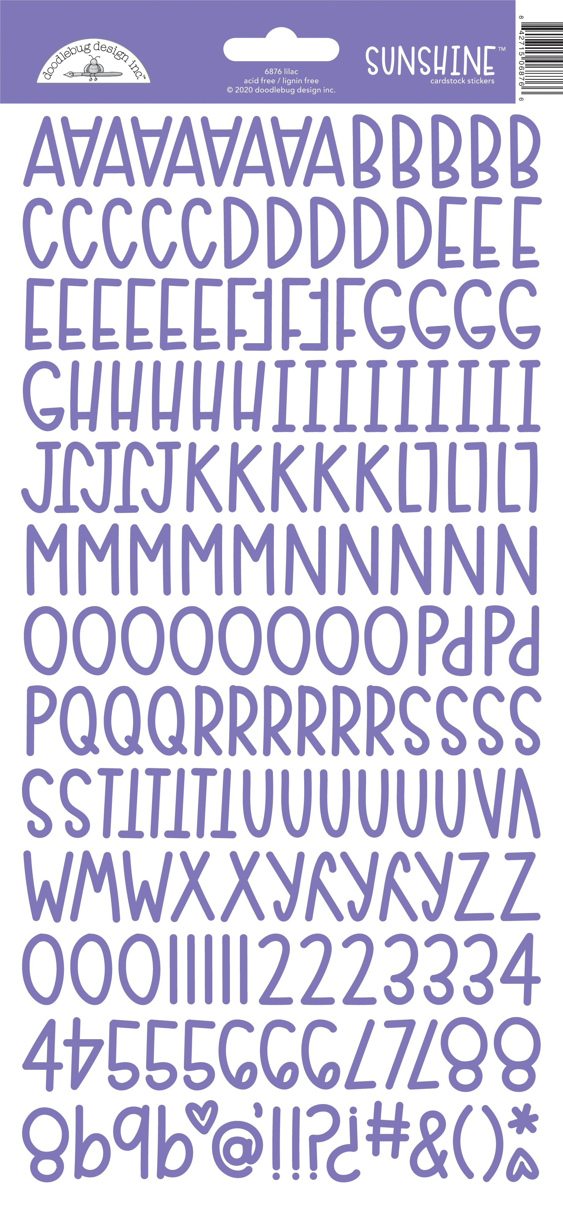 Purple letter and number stickers on a white background