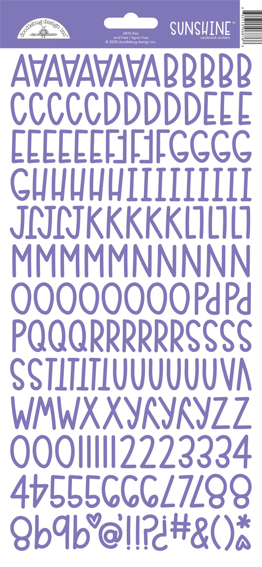 Purple letter and number stickers on a white background