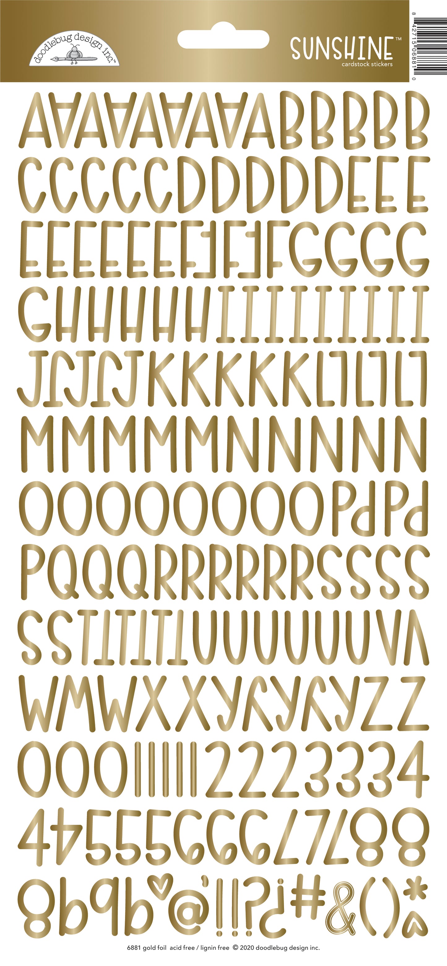 Gold letter and number stickers on a white background