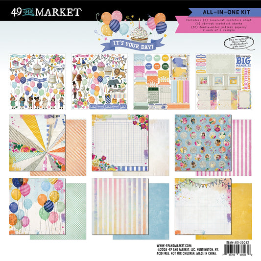Collection of colorful paper sheets and embellishments with 'It's Your Day!' theme, featuring balloons and birthday cake graphics.