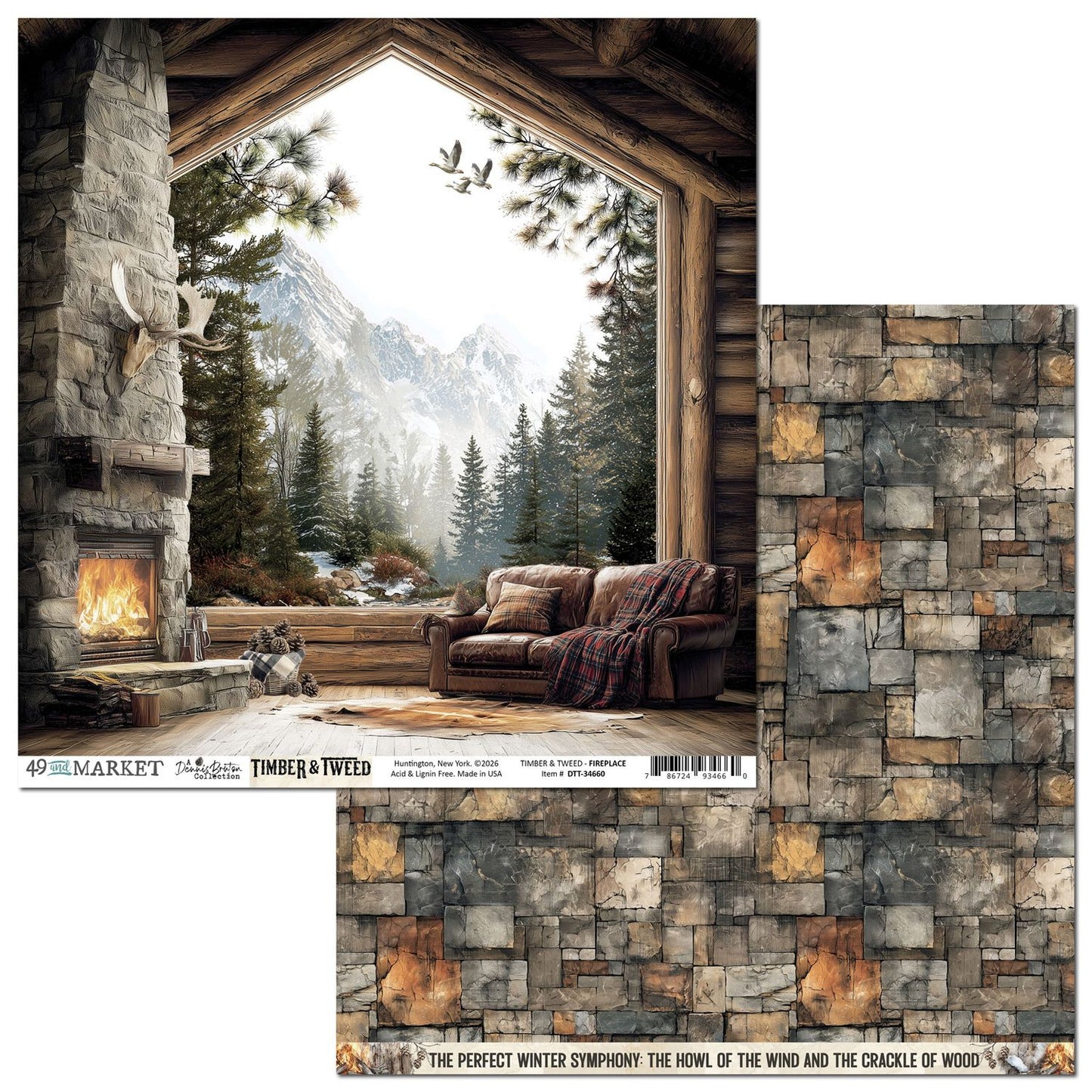 49 and Market - Timber And Tweed Collection - 12 x 12 Double Sided Paper - Fireplace