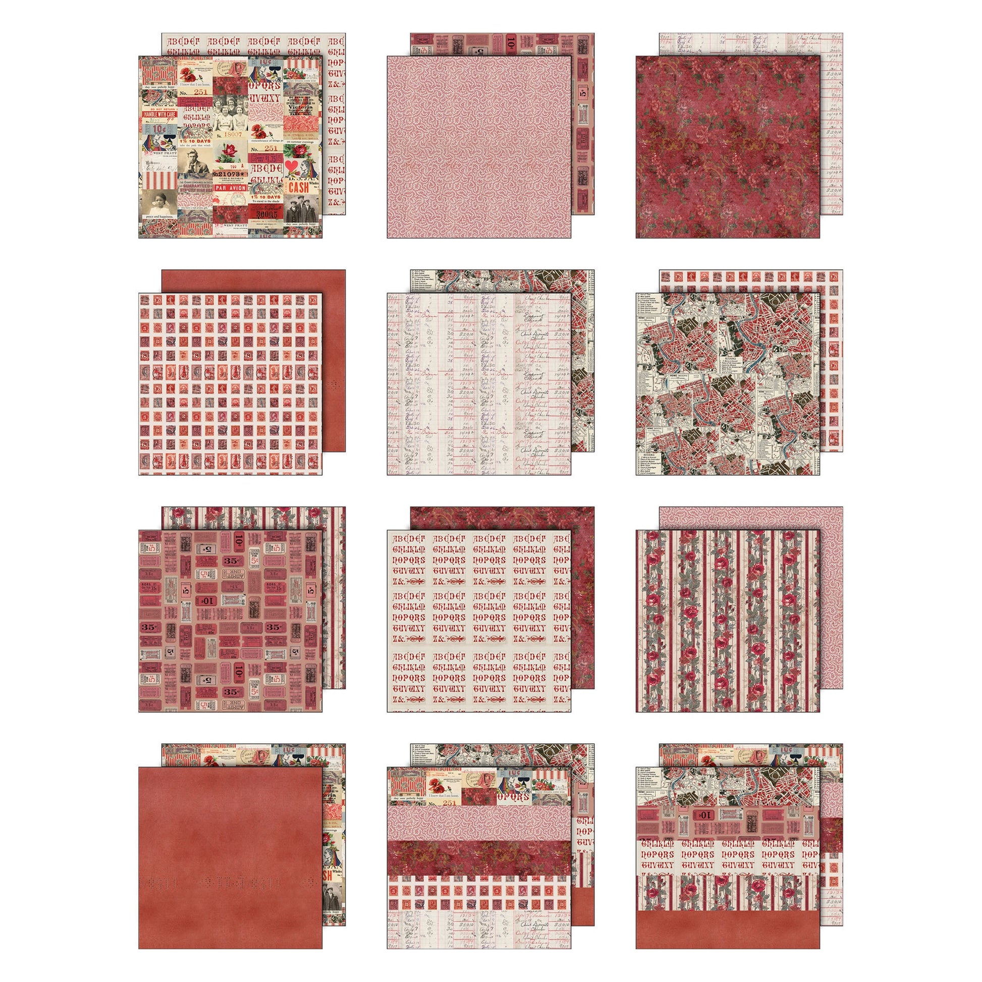 Collection of red and pink patterned paper sheets on a white background