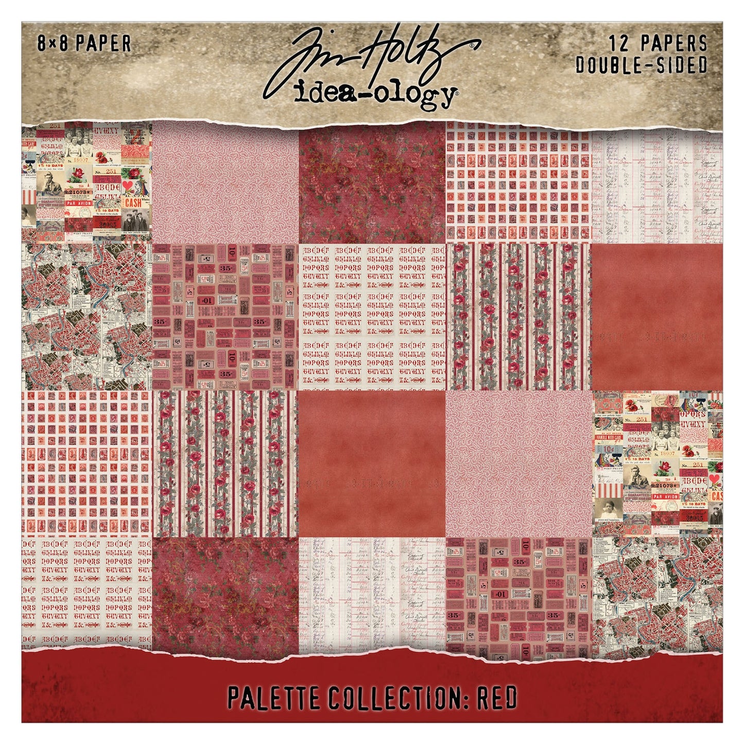 Packaging of Tim Holtz Idea-ology paper collection with red and brown patterns.