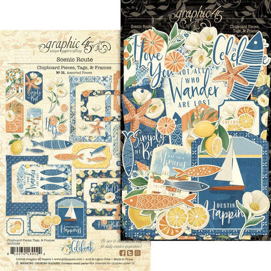 Graphic 45 - Scenic Route Collection - Chipboard Pieces - Tags & Frames
