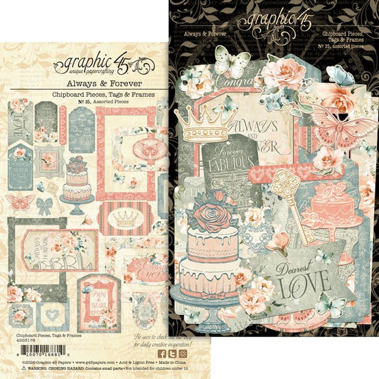 Graphic 45 - Always & Forever Collection - Chipboard Pieces - Tags & Frames - Preorder Only
