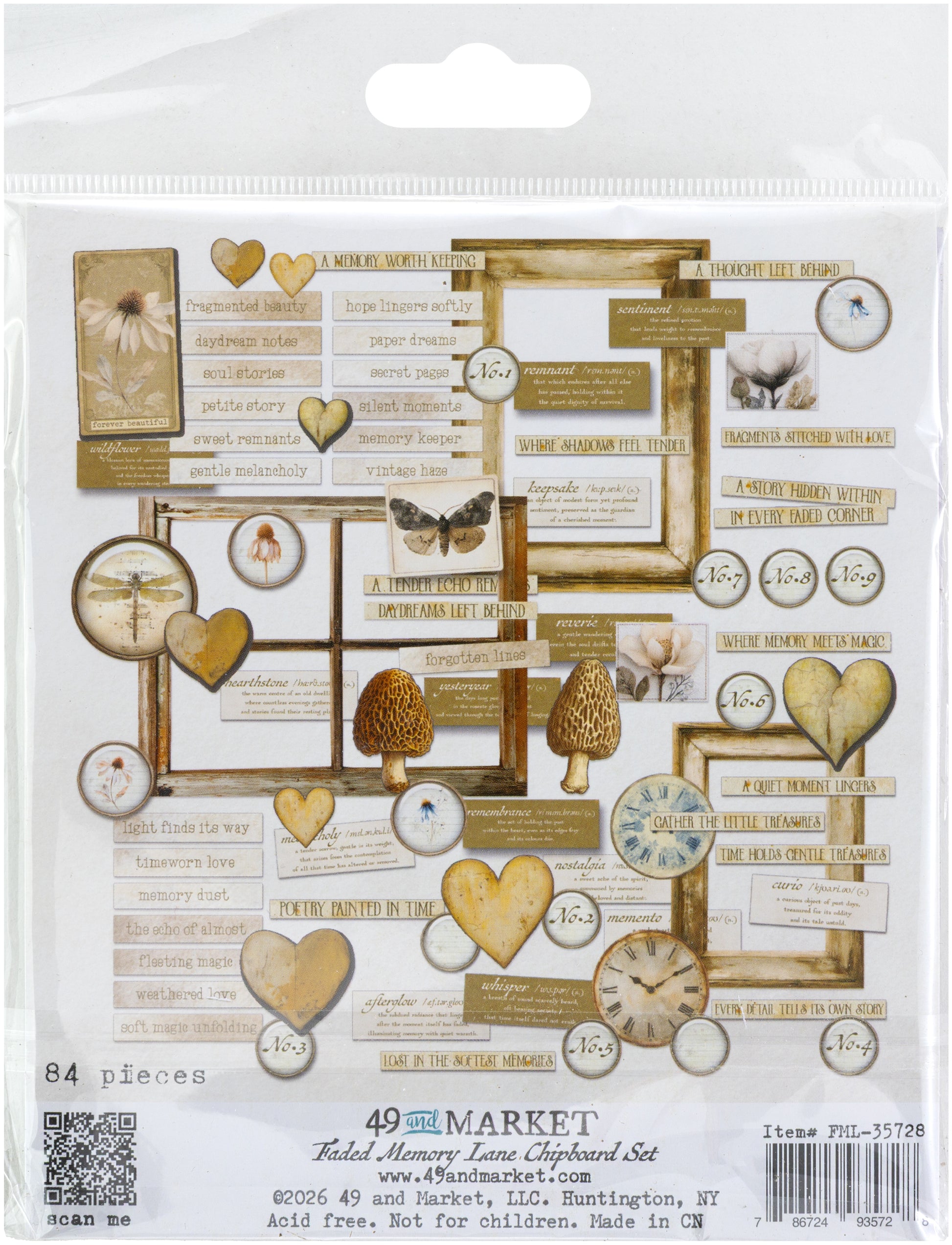 Packaged set of decorative elements with hearts, clocks, and nature-themed illustrations on a white background.