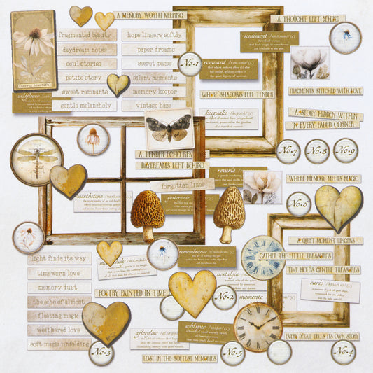 Collection of decorative elements including frames, hearts, and nature-themed illustrations on a white background.