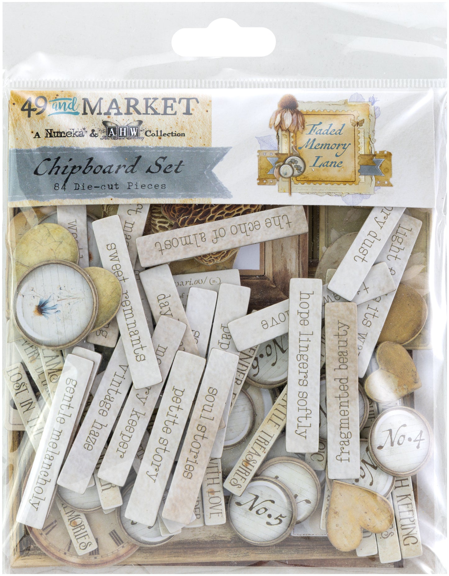 Packaged chipboard set with various die-cut pieces and text, featuring '49 and Market' branding.