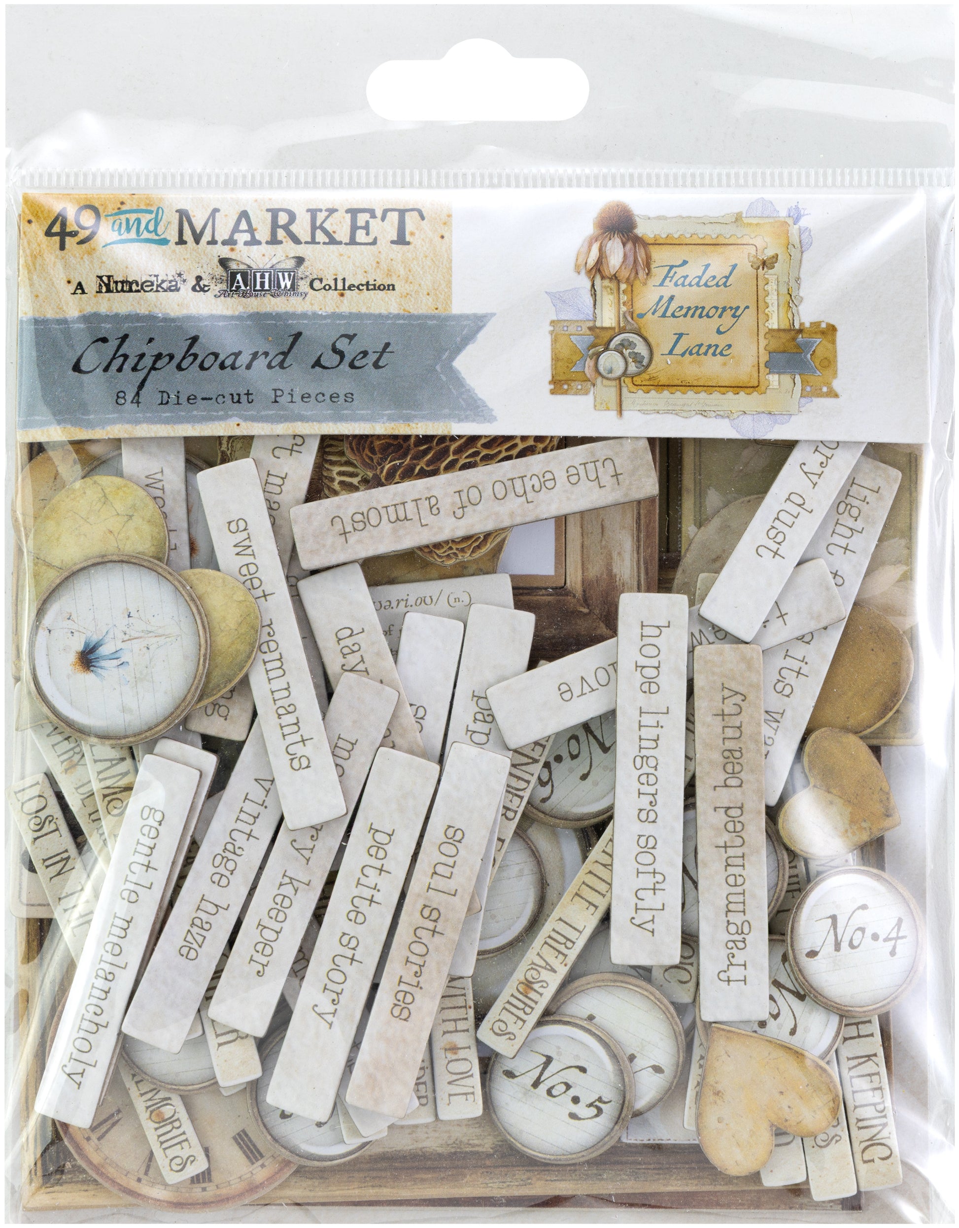 Packaged chipboard set with various die-cut pieces and text, featuring '49 and Market' branding.