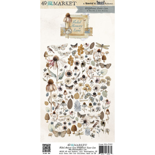 Packaging of 49 and Market Wildflower Laser Cuts with floral and butterfly designs on a white background.