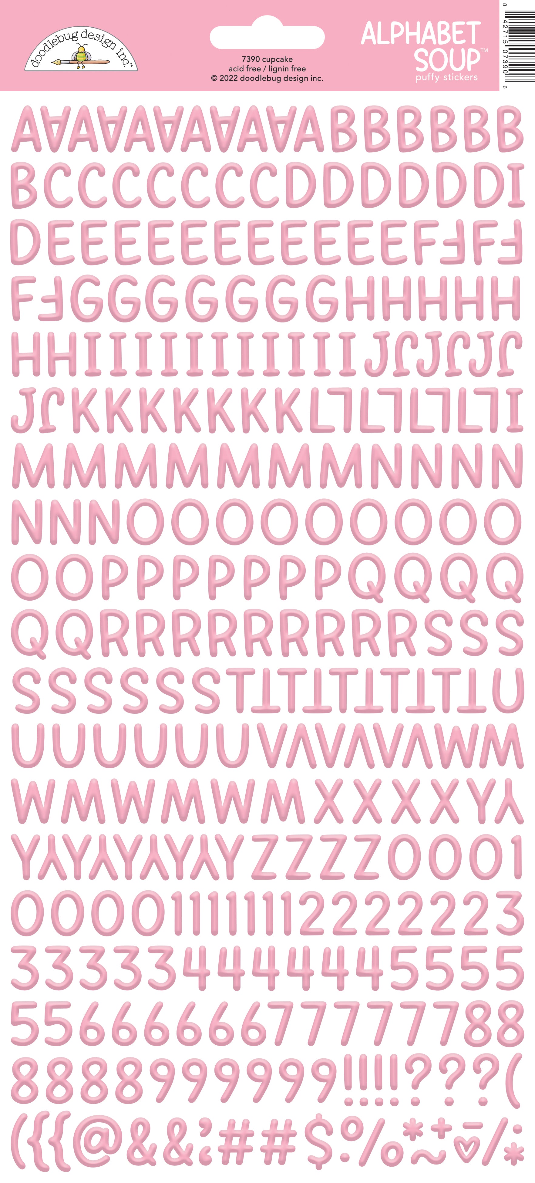 Pink letter and number stickers on a white background