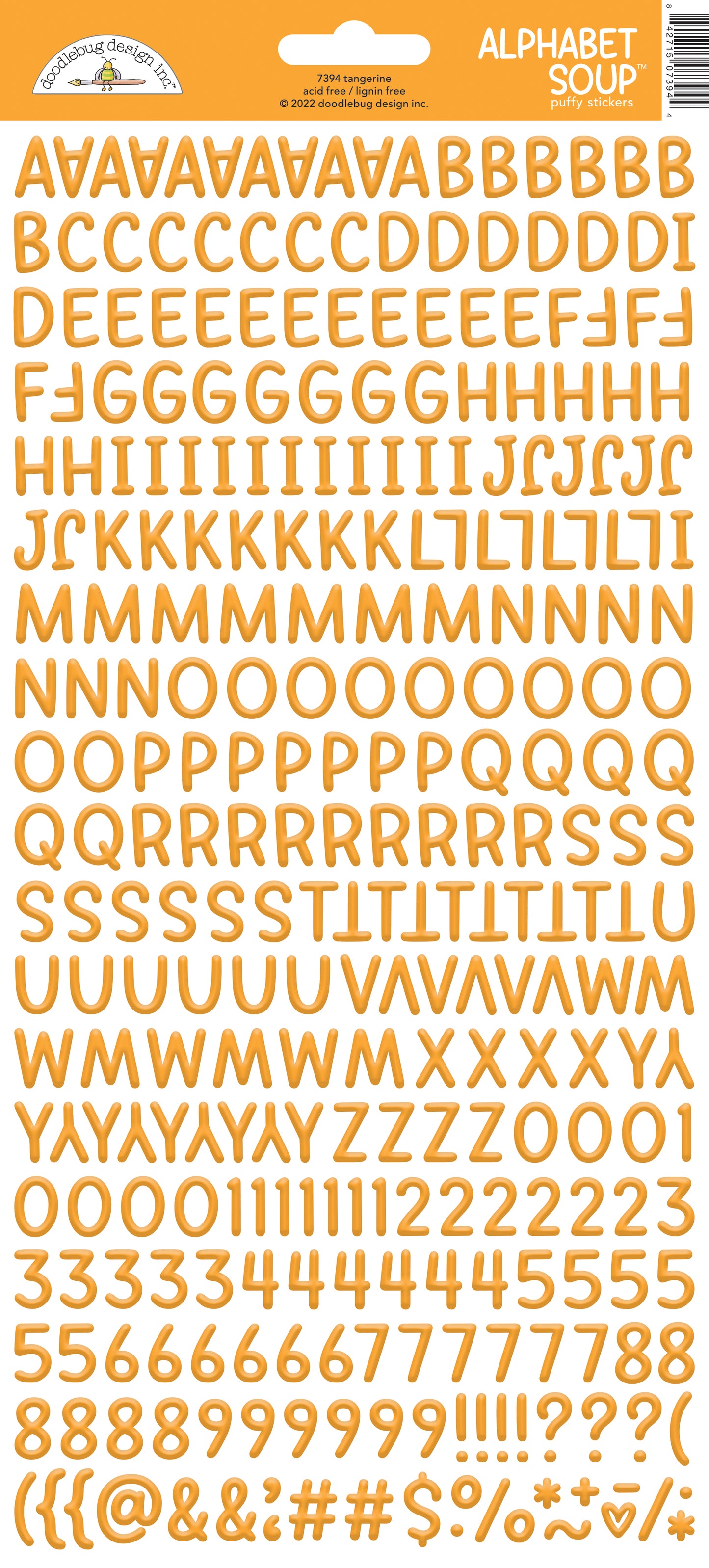 Tangerine alphabet and number stickers on a white background with a Doodlebug brand label.
