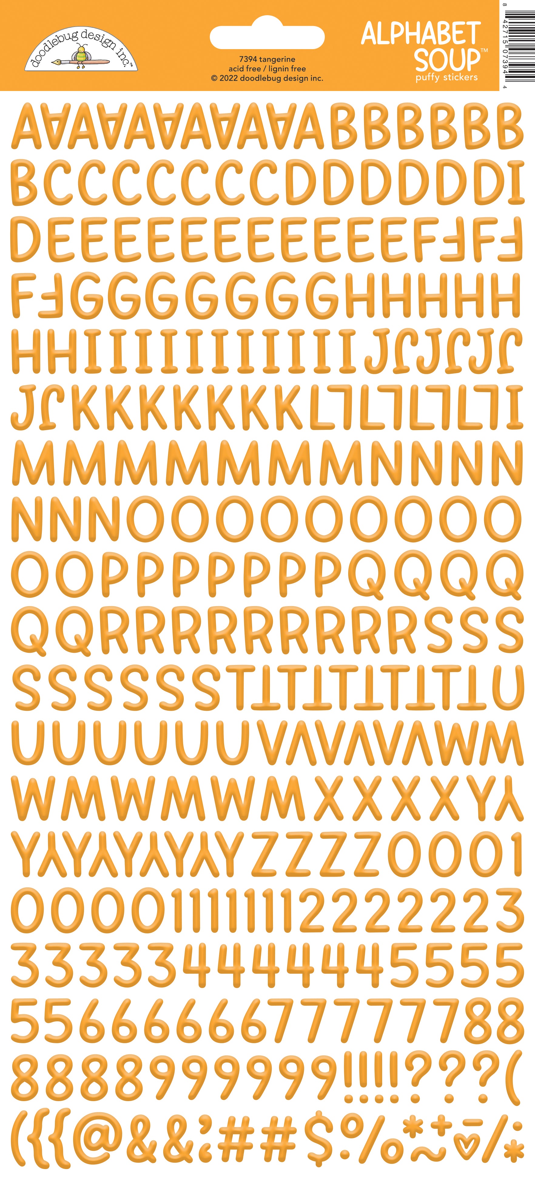 Tangerine alphabet and number stickers on a white background with a Doodlebug brand label.