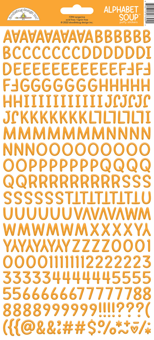 Tangerine alphabet and number stickers on a white background with a Doodlebug brand label.