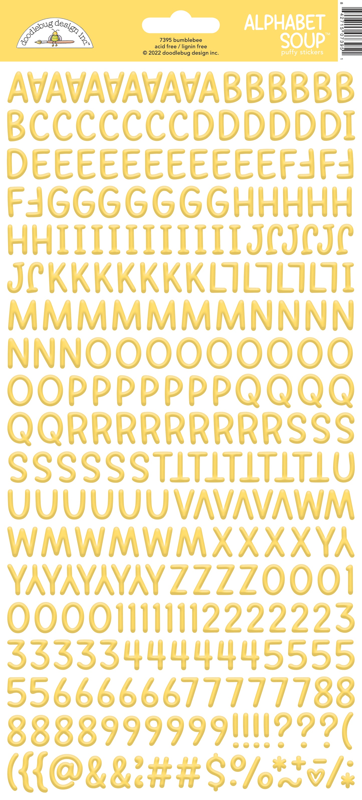 Yellow alphabet and number stickers on a white background with a Doodlebug brand label.