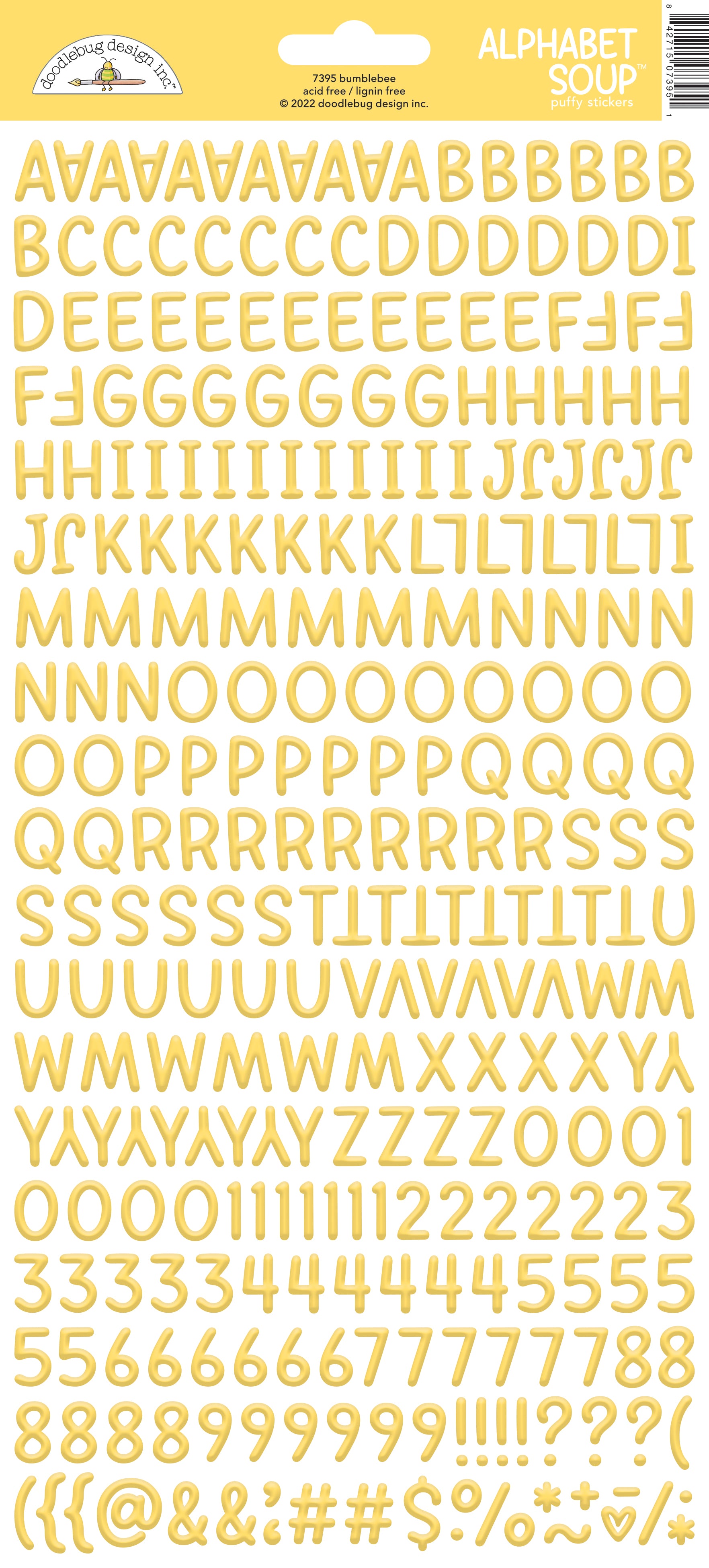 Yellow alphabet and number stickers on a white background with a Doodlebug brand label.