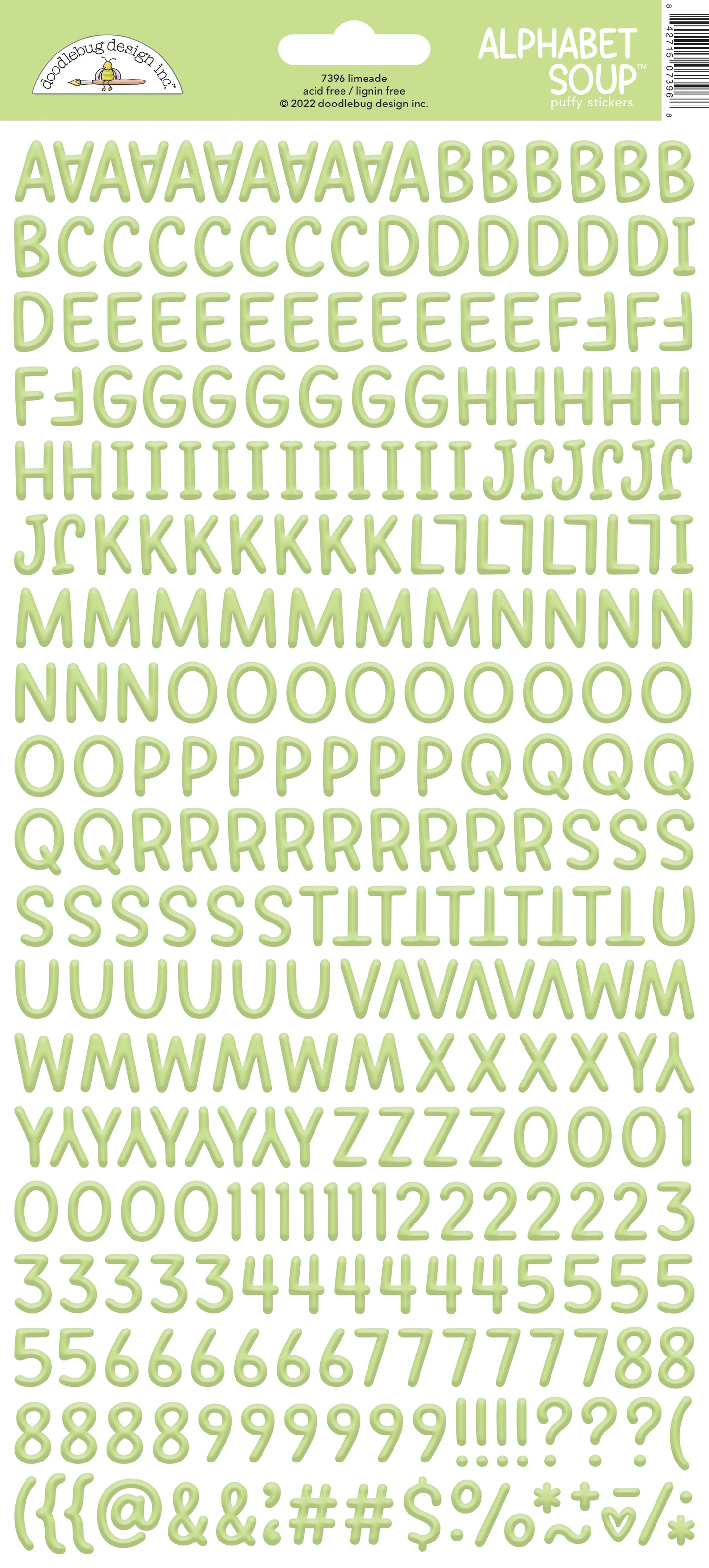 Lime green Alphabet soup letter stickers on a white background with a Doodlebug brand label.