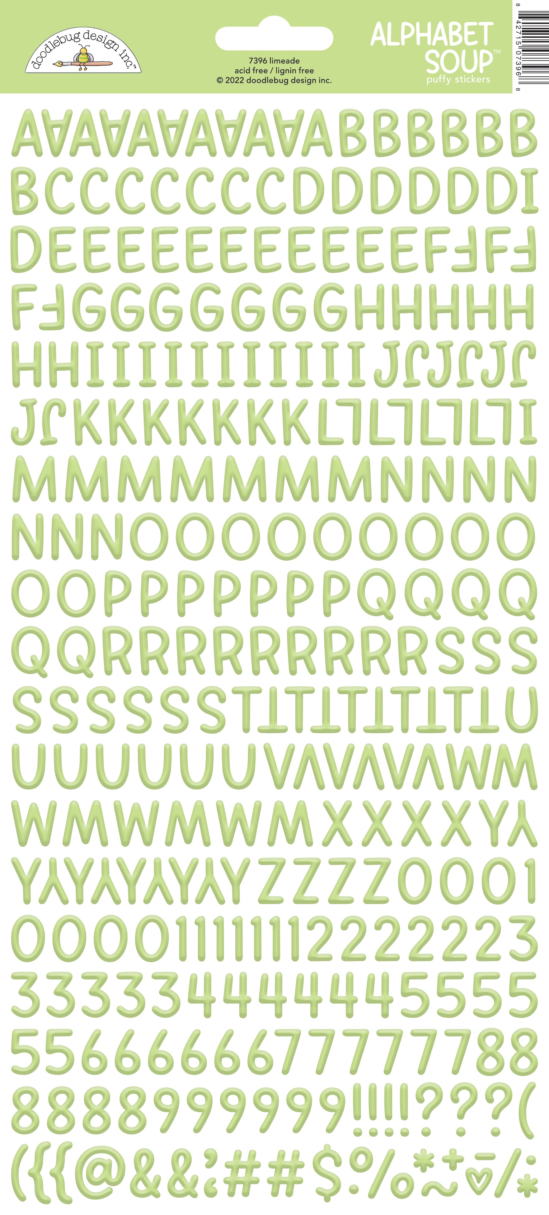 Lime green Alphabet soup letter stickers on a white background with a Doodlebug brand label.