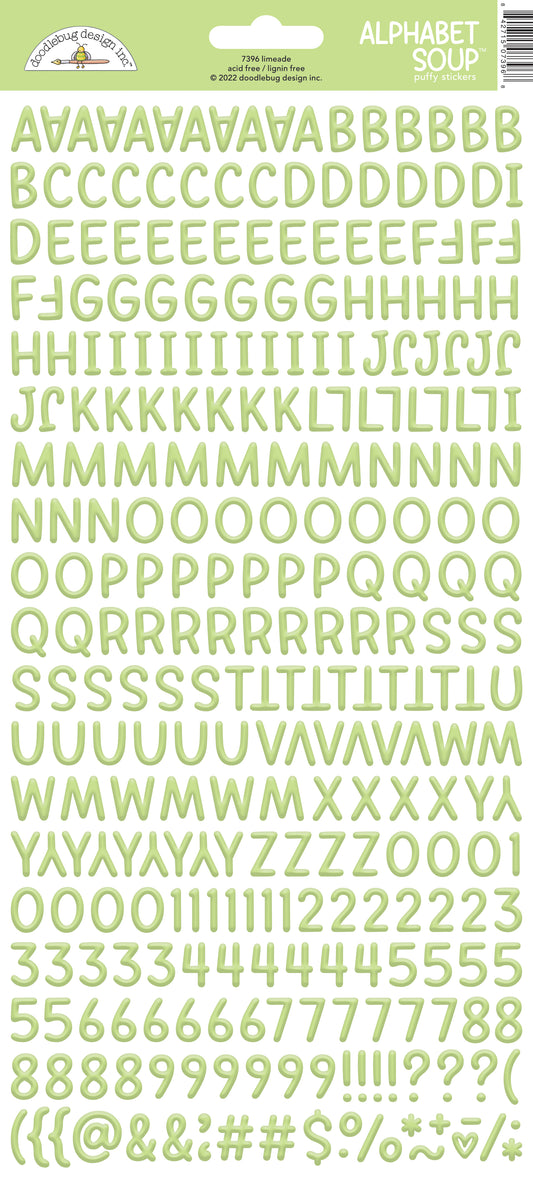 Lime green Alphabet soup letter stickers on a white background with a Doodlebug brand label.