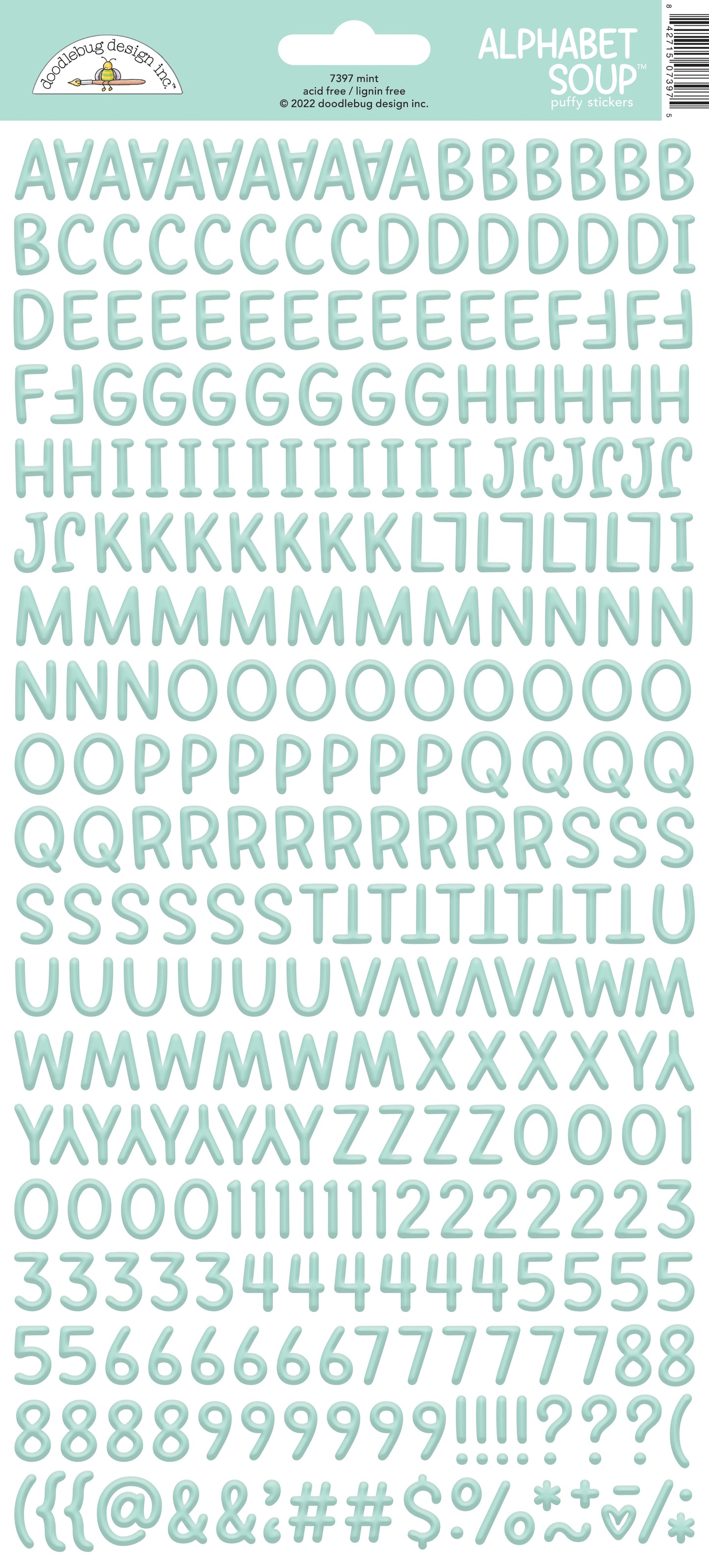 Alphabet Soup stickers in a mint green color on a white background  with a Doodlebug label