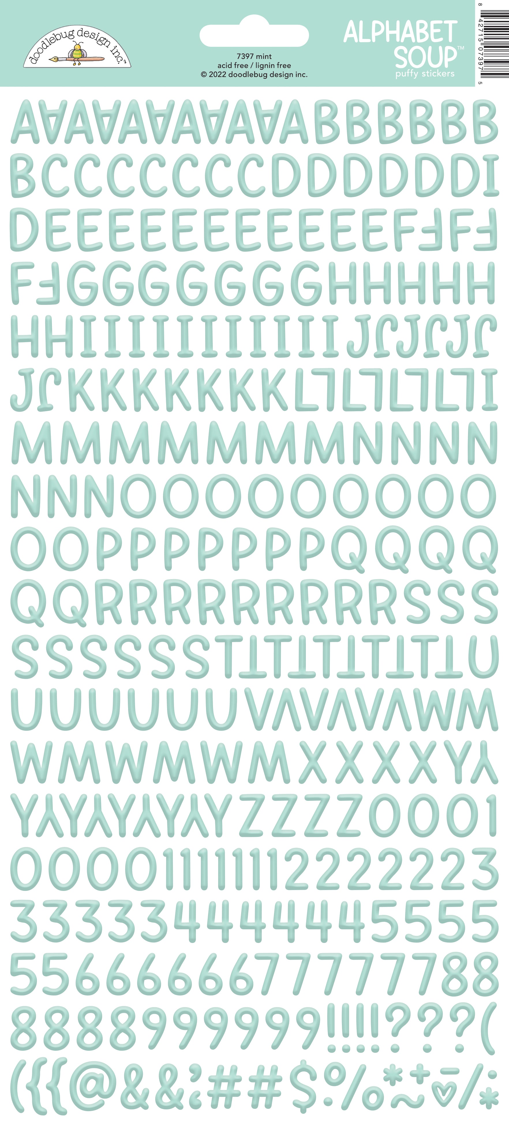 Alphabet Soup stickers in a mint green color on a white background  with a Doodlebug label