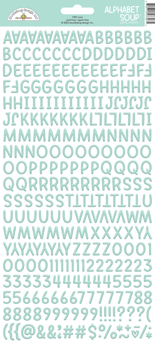 Alphabet Soup stickers in a mint green color on a white background  with a Doodlebug label