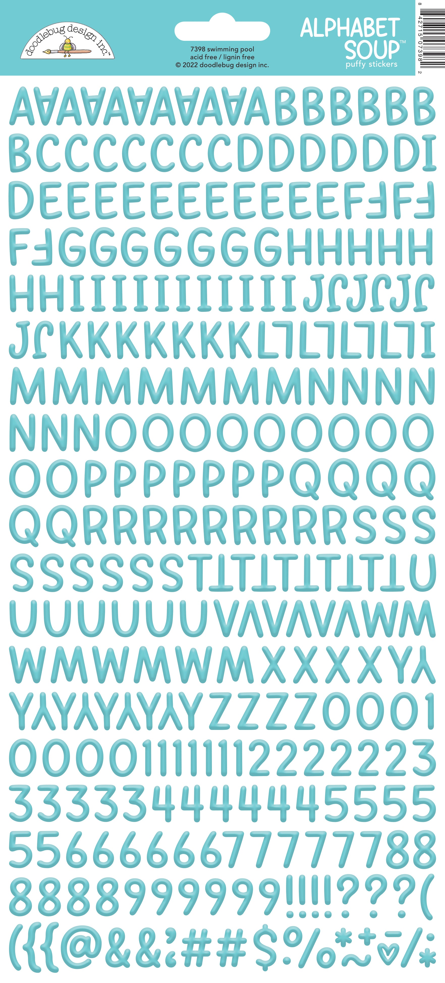 Blue Alphabet Soup letter and number stickers  on a white background with a Doodlebug label