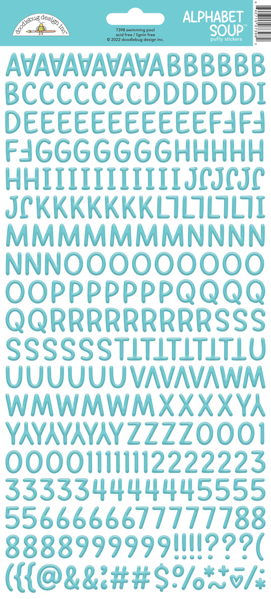 Blue Alphabet Soup letter and number stickers  on a white background with a Doodlebug label