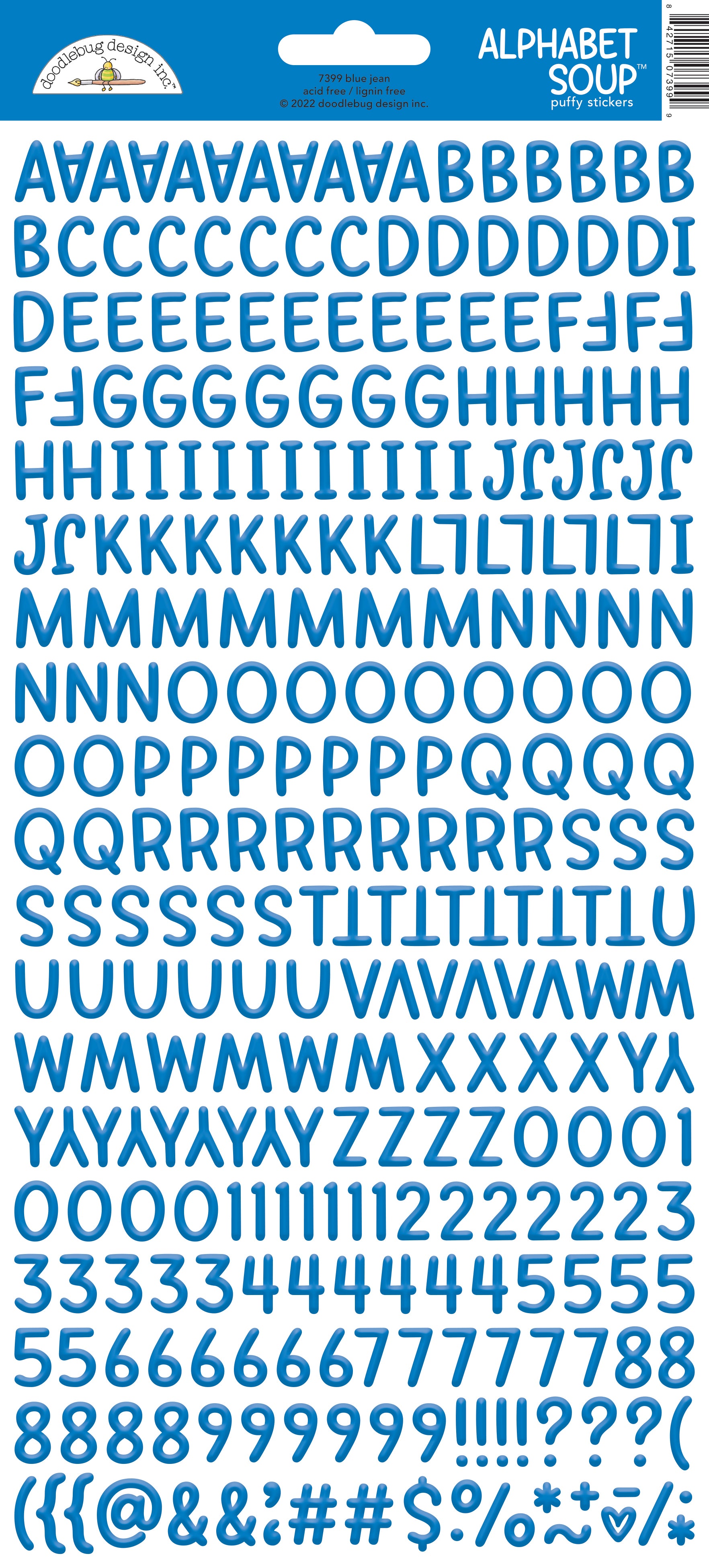 Blue letter and number stickers on a white background with a Doodlebug brand label.