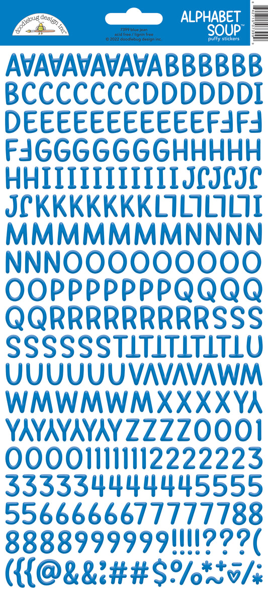 Blue letter and number stickers on a white background with a Doodlebug brand label.