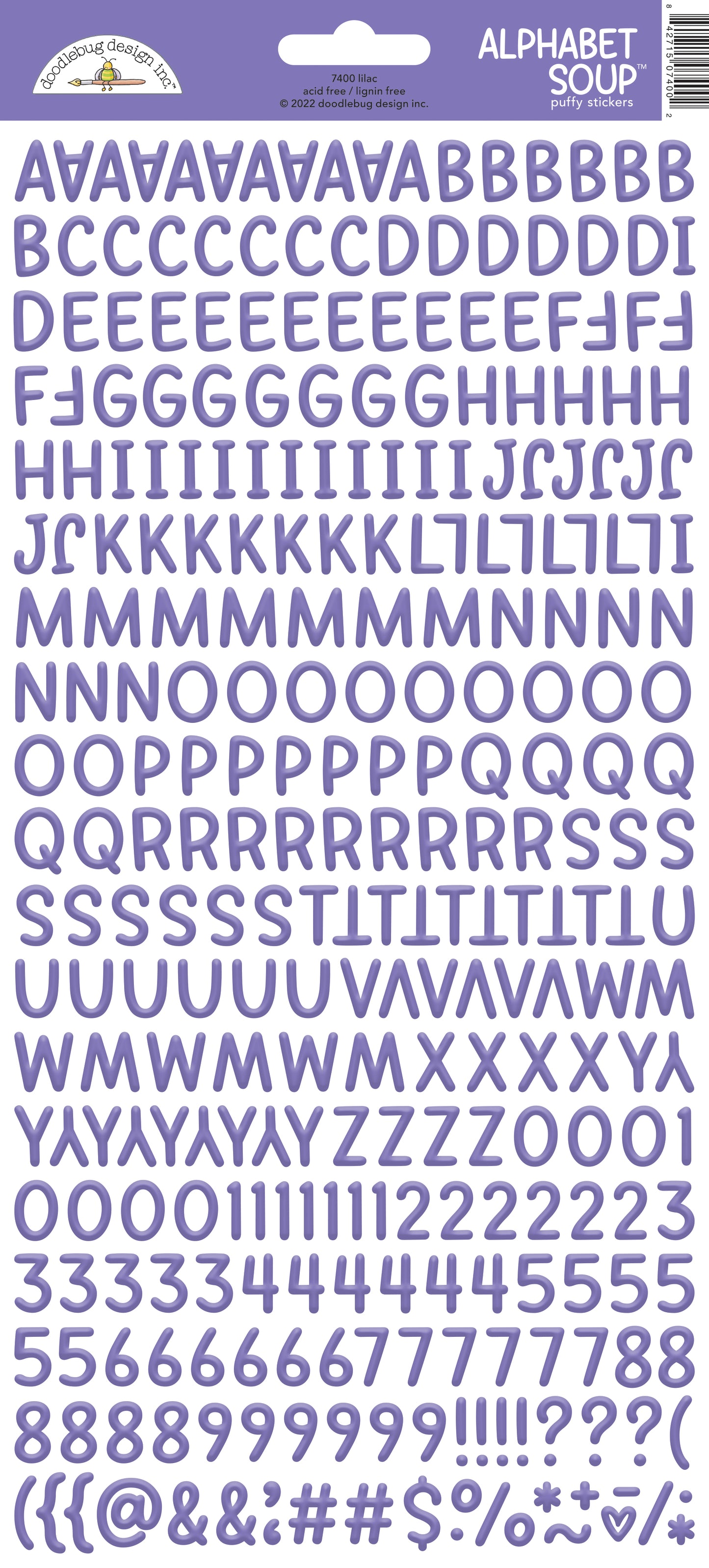 Alphabet soup letter stickers with a lilac color scheme on a white background with a Doodlebug brand label