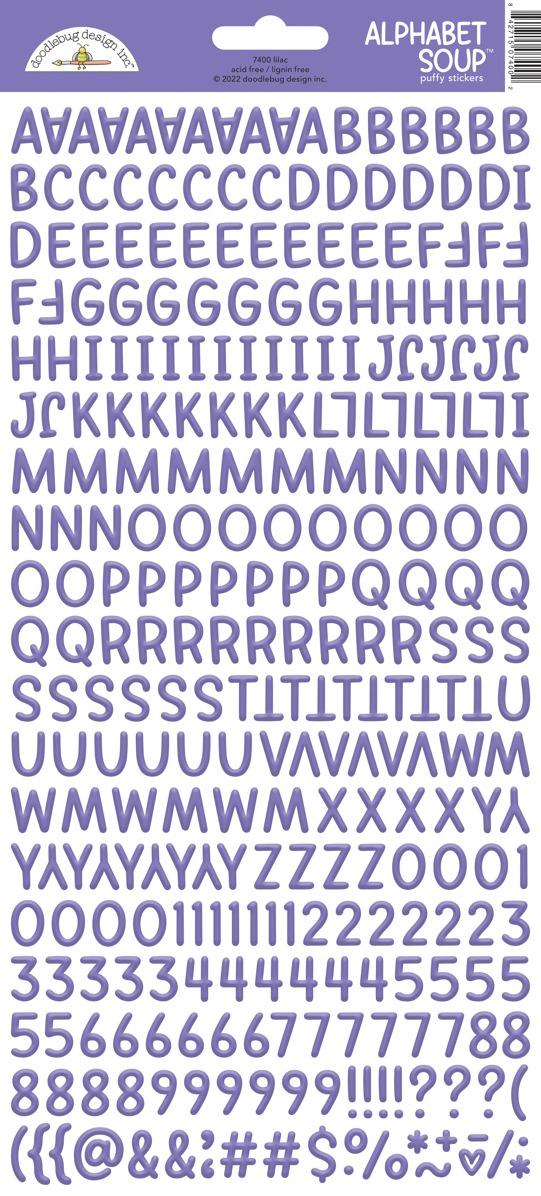 Alphabet soup letter stickers with a lilac color scheme on a white background with a Doodlebug brand label