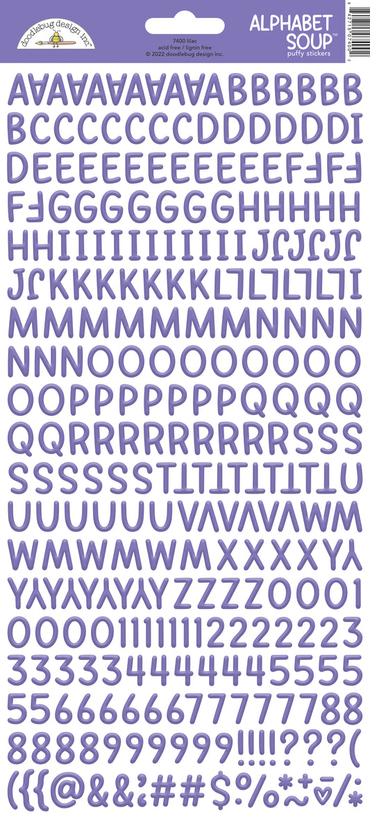 Alphabet soup letter stickers with a lilac color scheme on a white background with a Doodlebug brand label