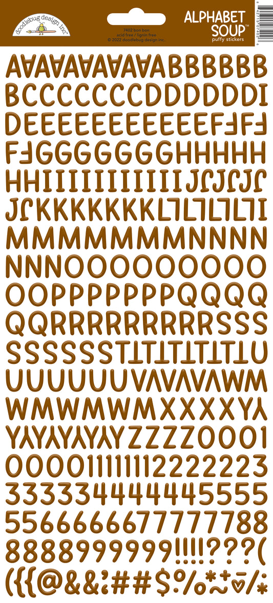 Brown Alphabet soup letter stickers  on a white background with  a Doodlebug Brand Label